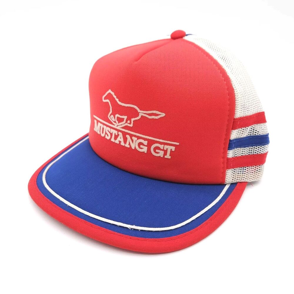 Vintage Mustang GT 3 Stripe Snapback Mesh Trucker‎ Hat Ball Cap Red White Blue